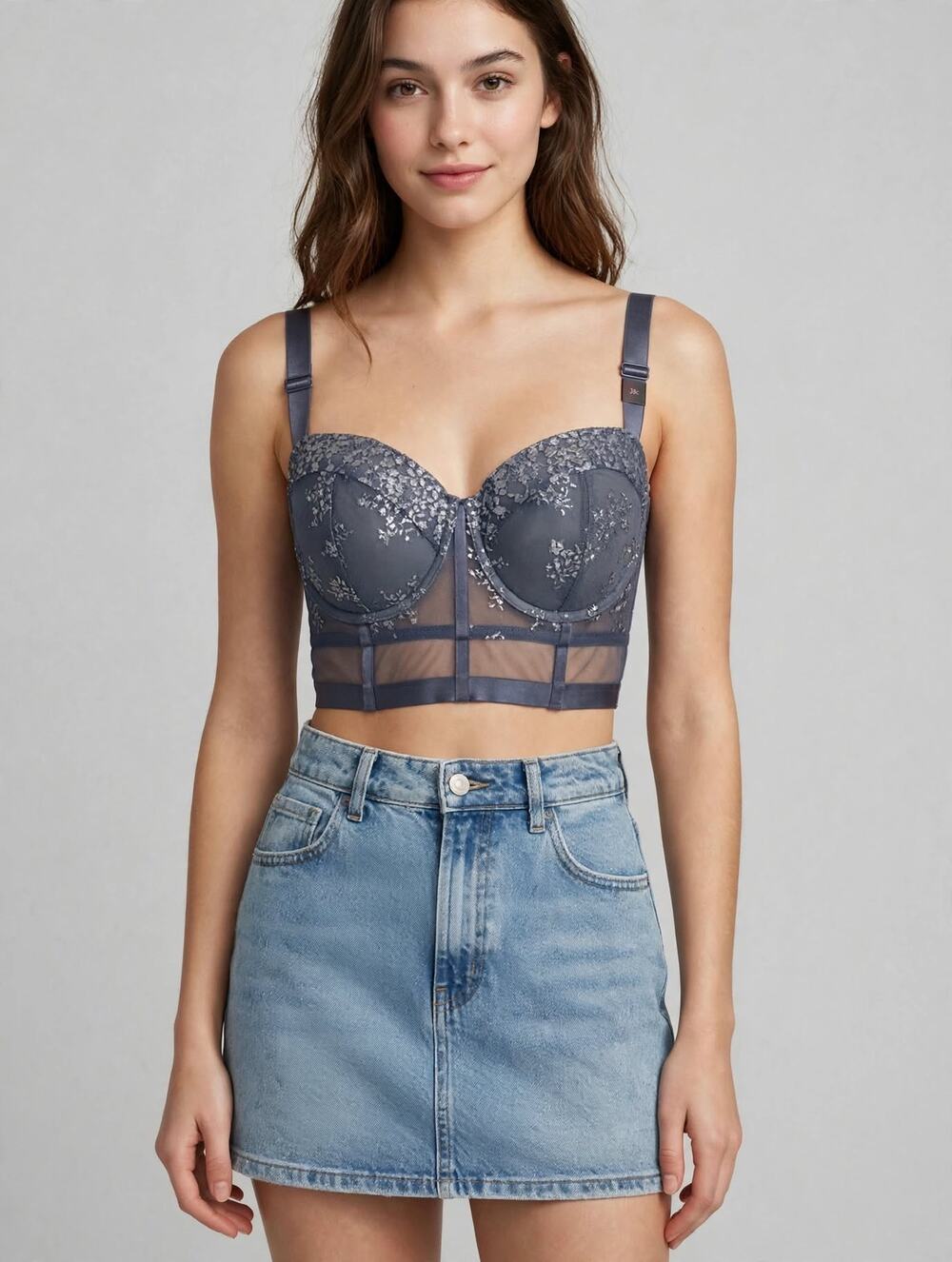 Victoria's Secret Style Gray Silver Lace Bustier Corset Top 38C Longline Bra